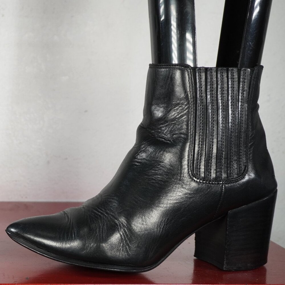Women's Steve Madden Black Leather Ankle High Chunky Heel Fashion Pointed Boots